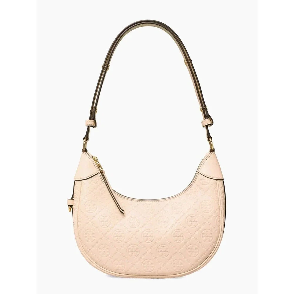 Tory Burch T Monogram Debossed Leather Crescent Shoulder Bag-Blush Pink New $469